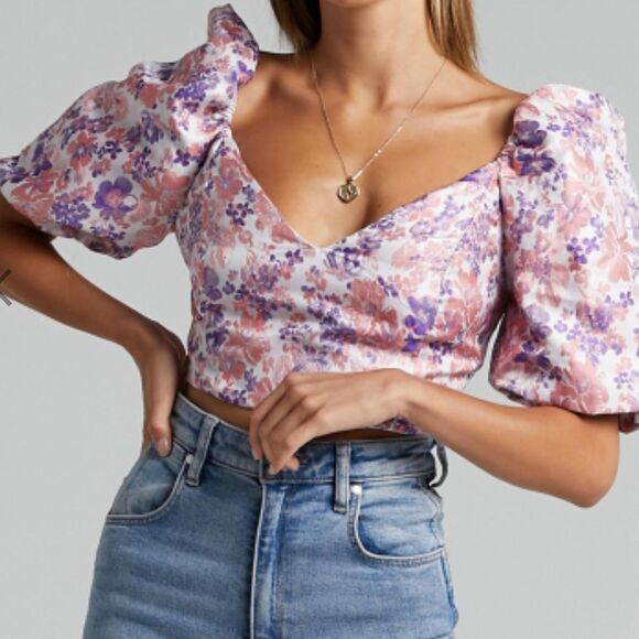 ShowPo Ryliana Top Multi Floral Puff Sleeve Blouse Size 4 - Picture 1 of 3